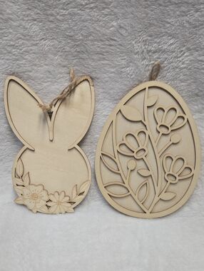 🌞Make Market 2pack  Neutral Wood Bunny & Egg Hanging Ornaments